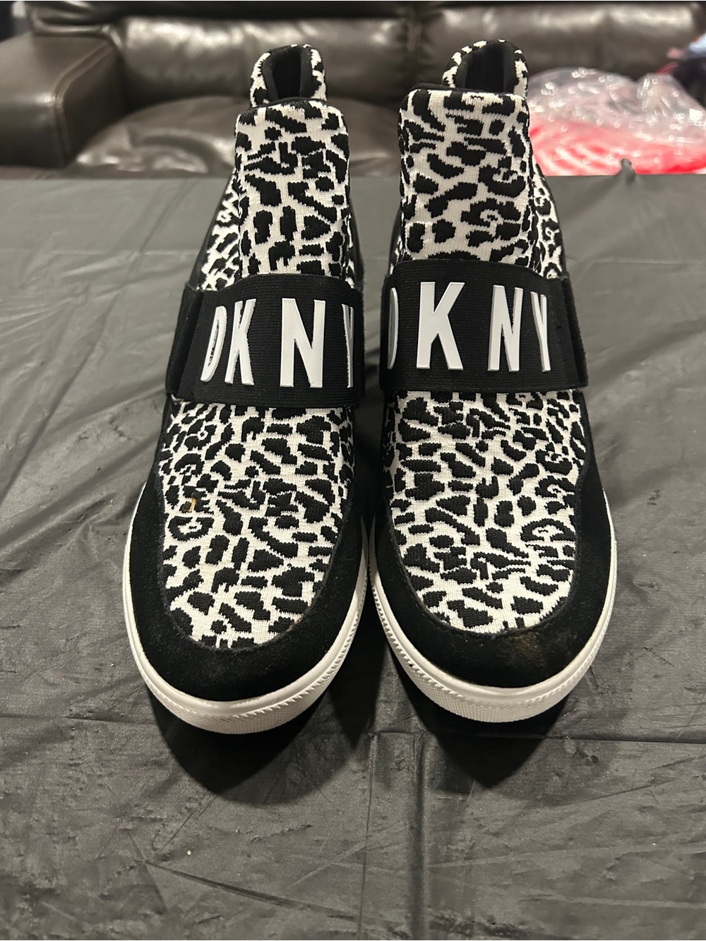 DKNY womens Black & White Leopard Knit Slip-On Sneakers with Logo Strap